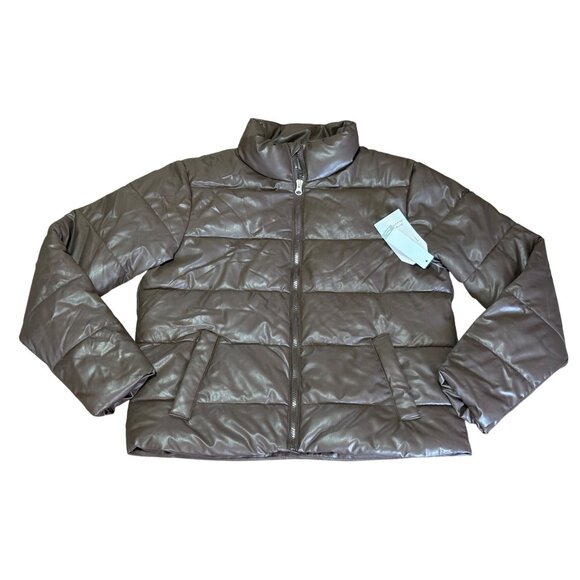 NEW WOMENS FAUX LEATHER FASHION PUFFER JACKET BROWN CHOCOLATE COLOR SIZE SMALL - Picture 1 of 10